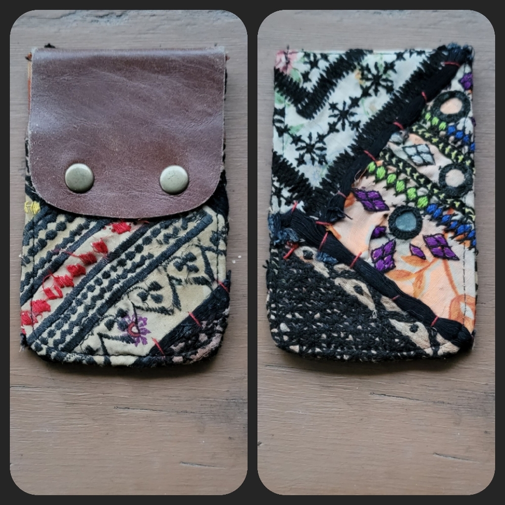 🧠🍳 Free People Boho Embroidered Repurposed vtg banjara hippie Wallet card case